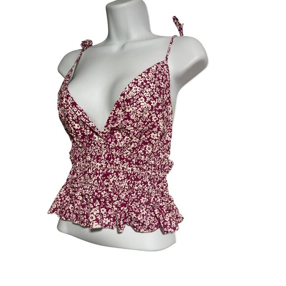 Sim & Sam Womens Floral Smocked Peplum Crop Top Sizzling Magenta Size Large - Picture 2 of 10